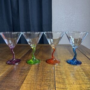 4 Martini / Cocktail Glasses with Bent - Crooked - Groovy Stems Multi Color 8oz